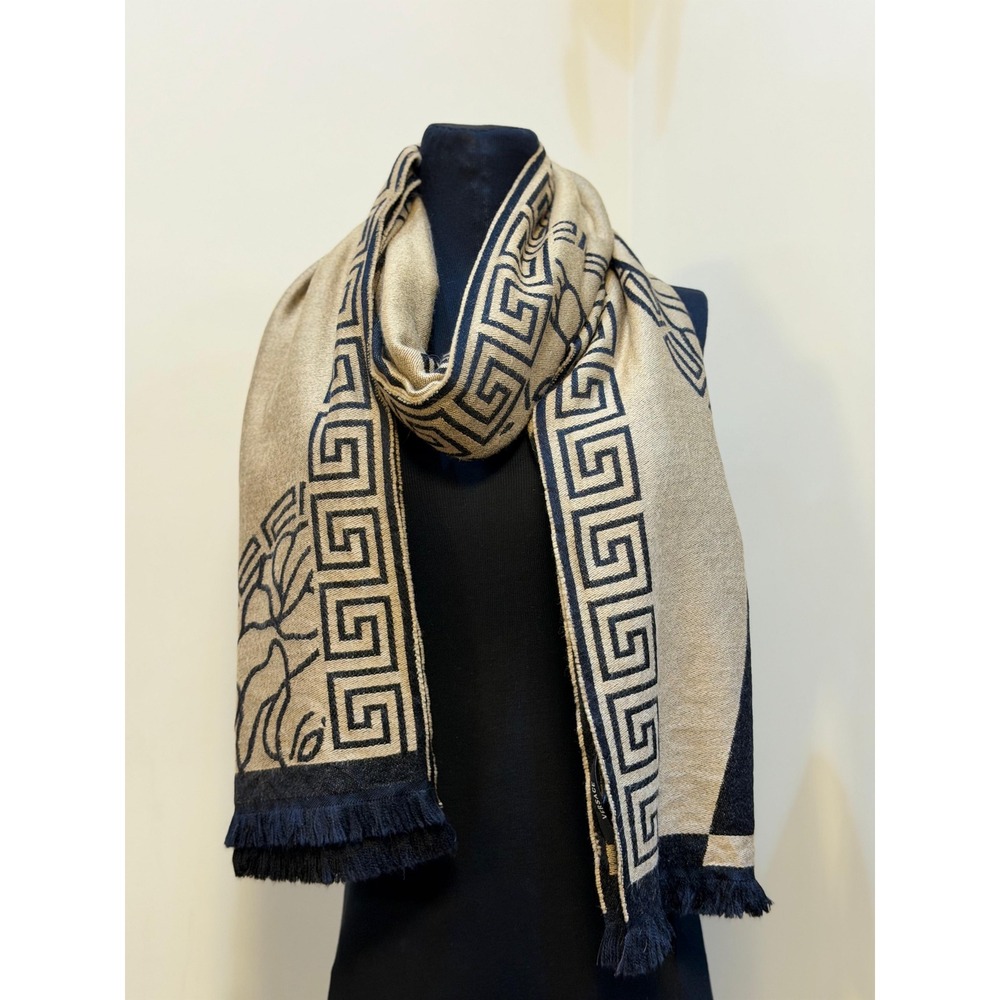 Versace 100% Wool Medusa Greca Scarf Shawl Beige Navy Blue Made in Italy